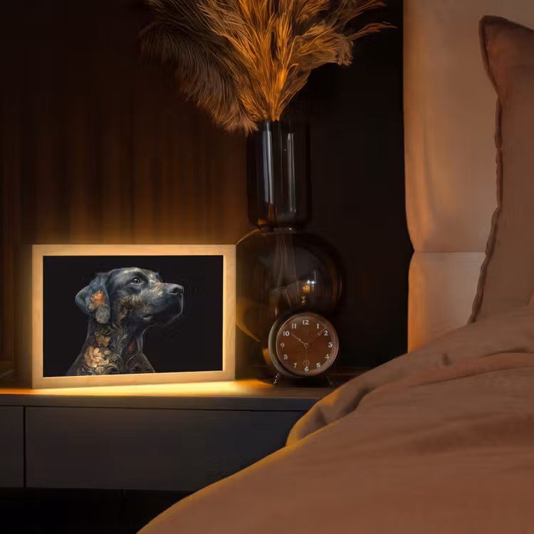 Hond - Zwart - Bloemen Light Box met kabel (Tafellamp) klein -sfeer1