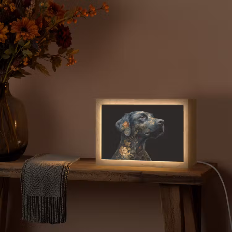 Hond - Zwart - Bloemen Light Box met kabel (Tafellamp) klein -sfeer4