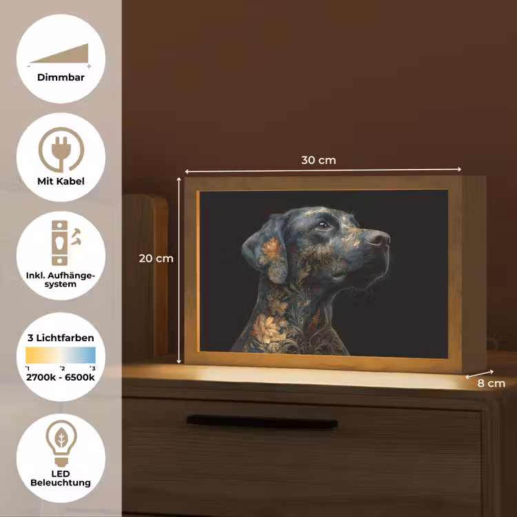 Hond - Zwart - Bloemen Light Box met kabel (Tafellamp) klein -USP_DE