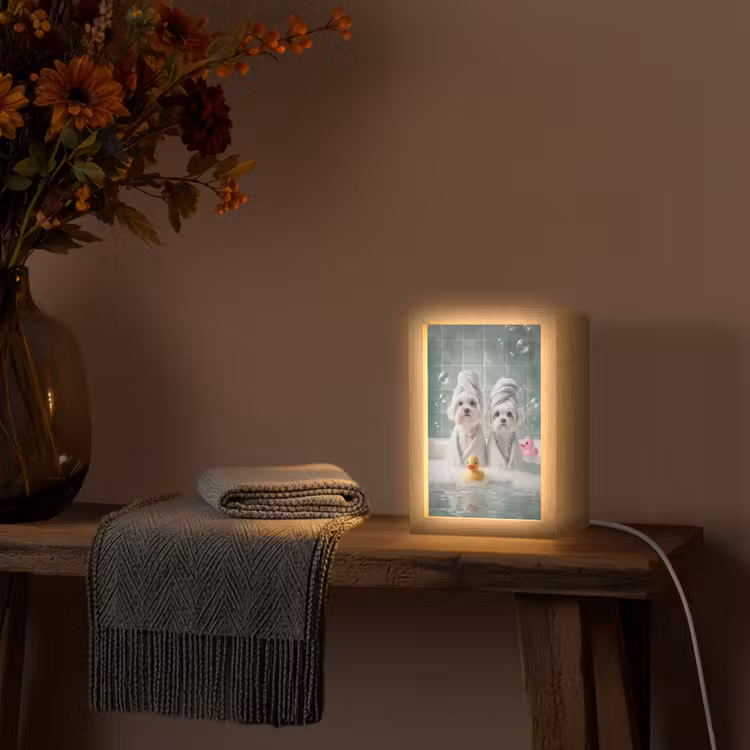 Hondjes - Badkuip - Badeendjes - Handdoeken Light Box met kabel (Tafellamp) klein -sfeer4