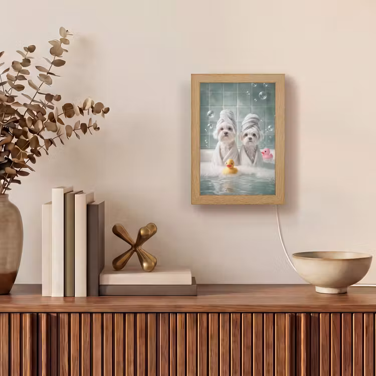 Hondjes - Badkuip - Badeendjes - Handdoeken Light Box met kabel (Tafellamp) klein -sfeer2