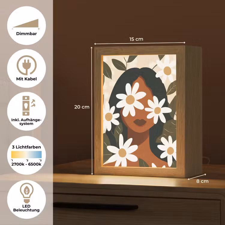 Illustratie - Vrouw - Madeliefjes - Wit Light Box met kabel (Tafellamp) klein -USP_DE