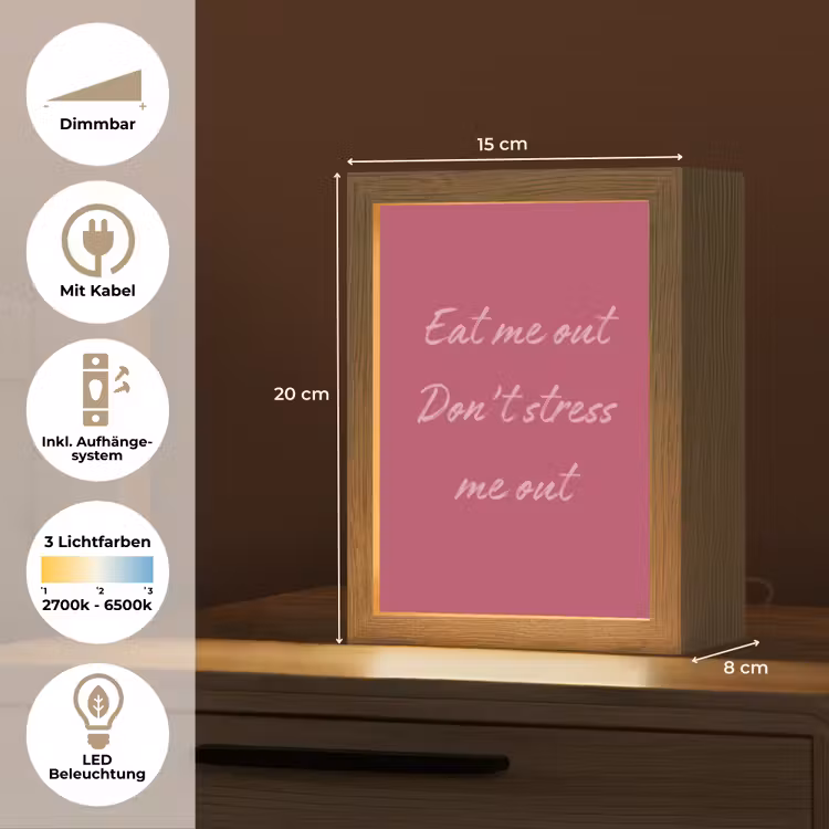 eat me out don't stress me out - Roze - Minimalistisch Light Box met kabel (Tafellamp) klein -USP_DE
