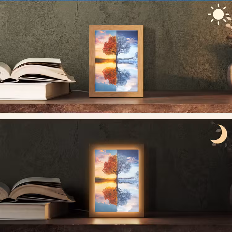 Seizoenen - Kunst - Boom - Herfst - Winter Light Box met kabel (Tafellamp) klein -sfeer3
