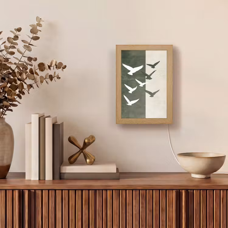 Japandi - Vogel - Groen Light Box met kabel (Tafellamp) klein -sfeer2