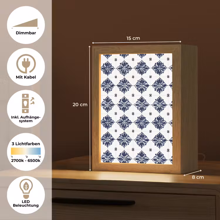 Tegelmotief - Blauw - Wit - Bloem Light Box met kabel (Tafellamp) klein 925 -USP_DE