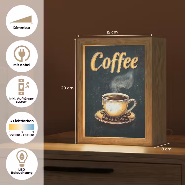 Koffie - Schotel - Koffiebonen - Retro Light Box met kabel (Tafellamp) klein -USP_DE