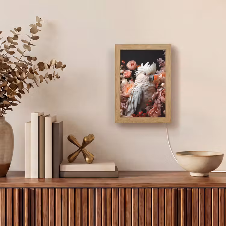 Kaketoe - Dier - Natuur - Botanisch - Bloemen - Roze Light Box met kabel (Tafellamp) klein -sfeer2