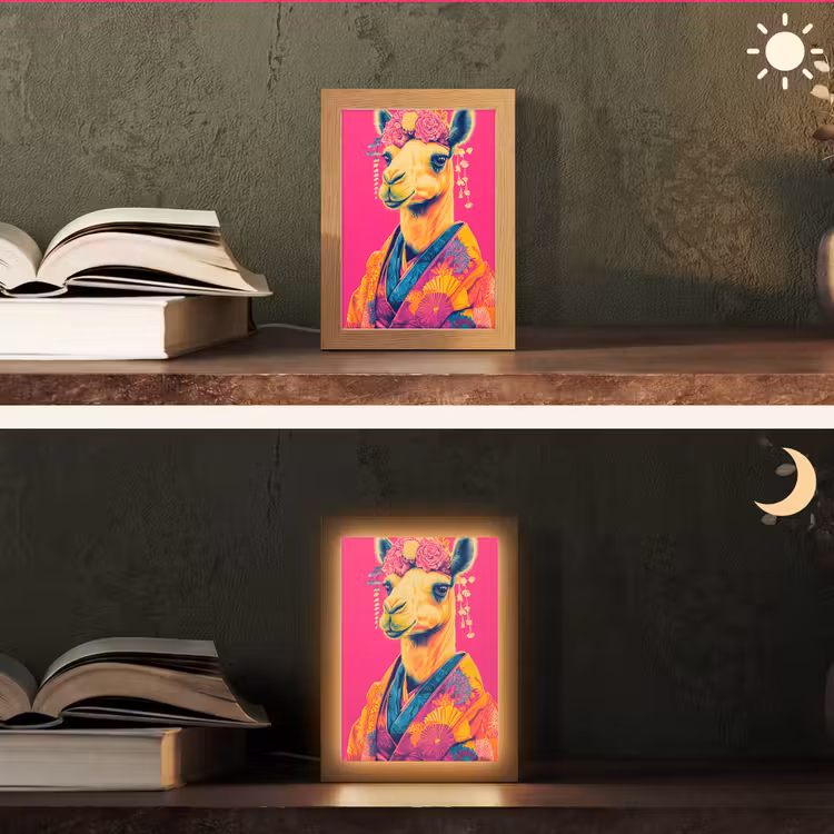 Kameel - Bloemen - Kimono - Waaiers Light Box met kabel (Tafellamp) klein -sfeer3