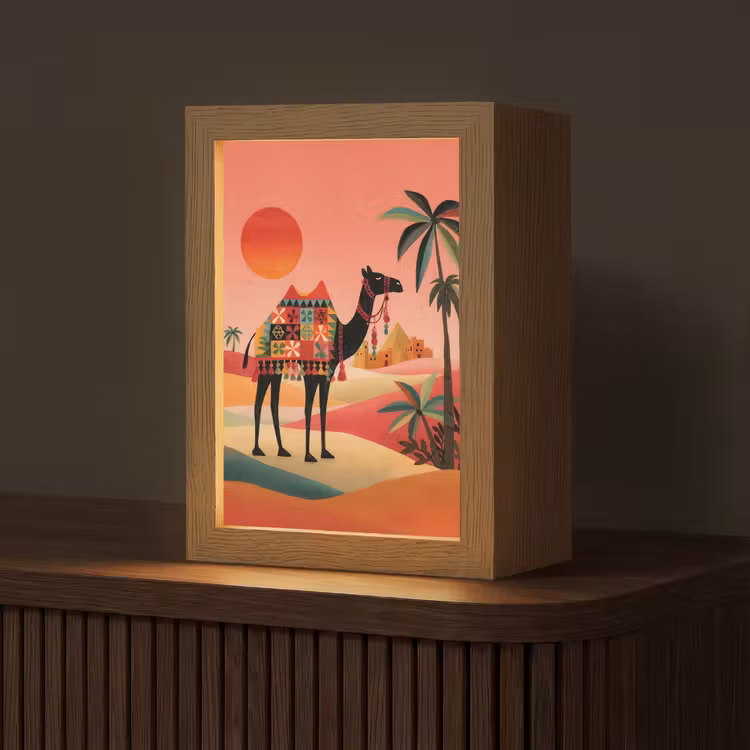 Kameel - Gekleurd tapijt - Duinen - Rode zon Light Box met kabel (Tafellamp) klein -z3d_website