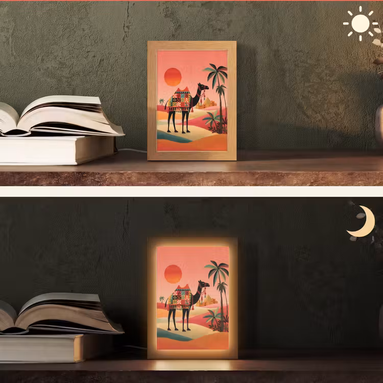 Kameel - Gekleurd tapijt - Duinen - Rode zon Light Box met kabel (Tafellamp) klein -sfeer3