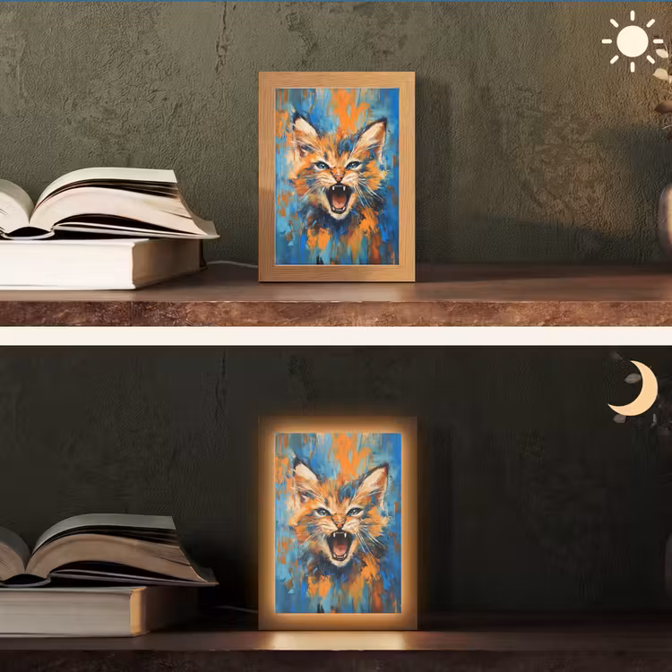Kat - Kleurrijk - Oranje - Blauw Light Box met kabel (Tafellamp) klein -sfeer3