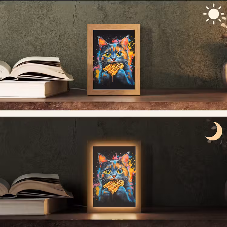 Kat - Graffiti - Kleurrijk - Wafel - Eten Light Box met kabel (Tafellamp) klein -sfeer3
