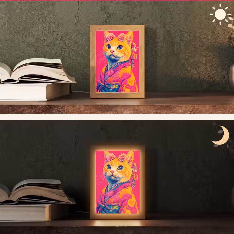 Kat - Kimono - Bloemen - Roze Light Box met kabel (Tafellamp) klein -sfeer3