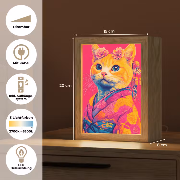 Kat - Kimono - Bloemen - Roze Light Box met kabel (Tafellamp) klein -USP_DE