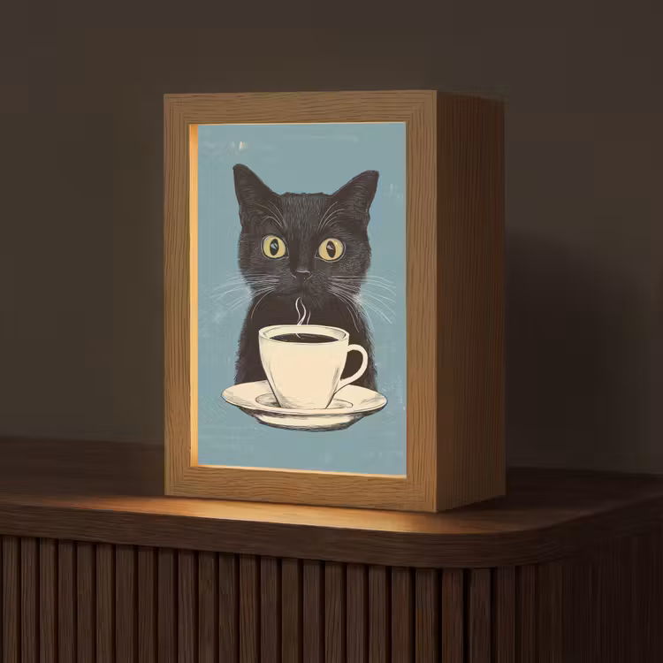 Kat - Zwart - Koffie - Minimalistisch Light Box met kabel (Tafellamp) klein -z3d_website