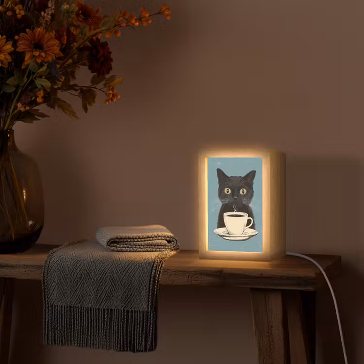 Kat - Zwart - Koffie - Minimalistisch Light Box met kabel (Tafellamp) klein -sfeer4