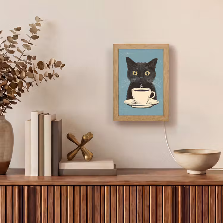 Kat - Zwart - Koffie - Minimalistisch Light Box met kabel (Tafellamp) klein -sfeer2