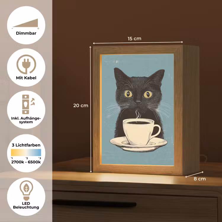 Kat - Zwart - Koffie - Minimalistisch Light Box met kabel (Tafellamp) klein -USP_DE