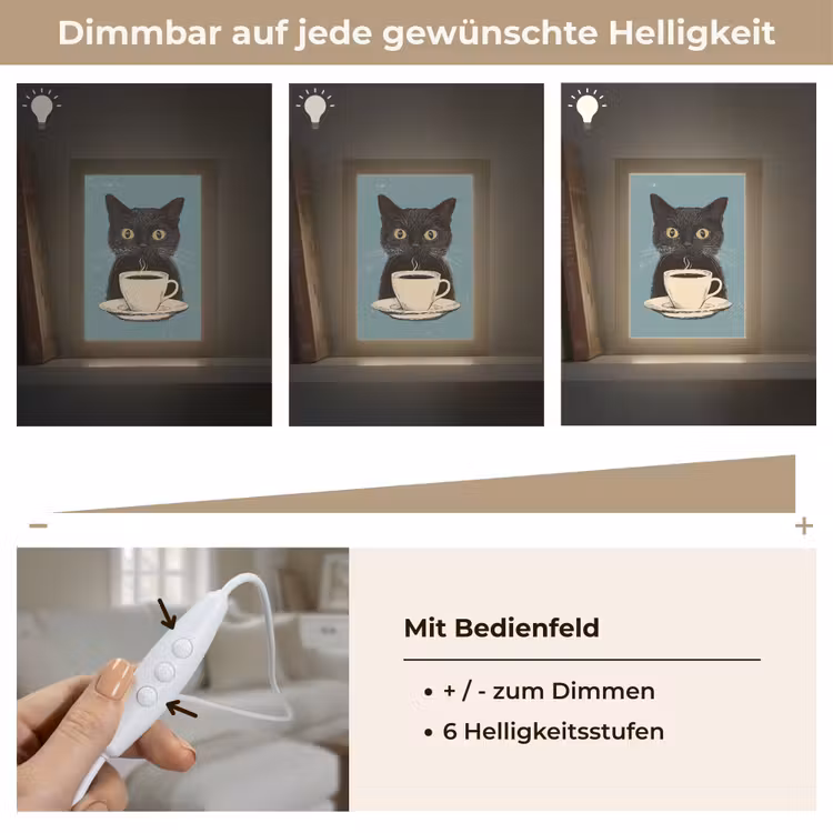 Kat - Zwart - Koffie - Minimalistisch Light Box met kabel (Tafellamp) klein -USP_dimbaarDE