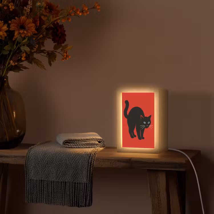 Kat - Zwart - Staart Light Box met kabel (Tafellamp) klein -sfeer4