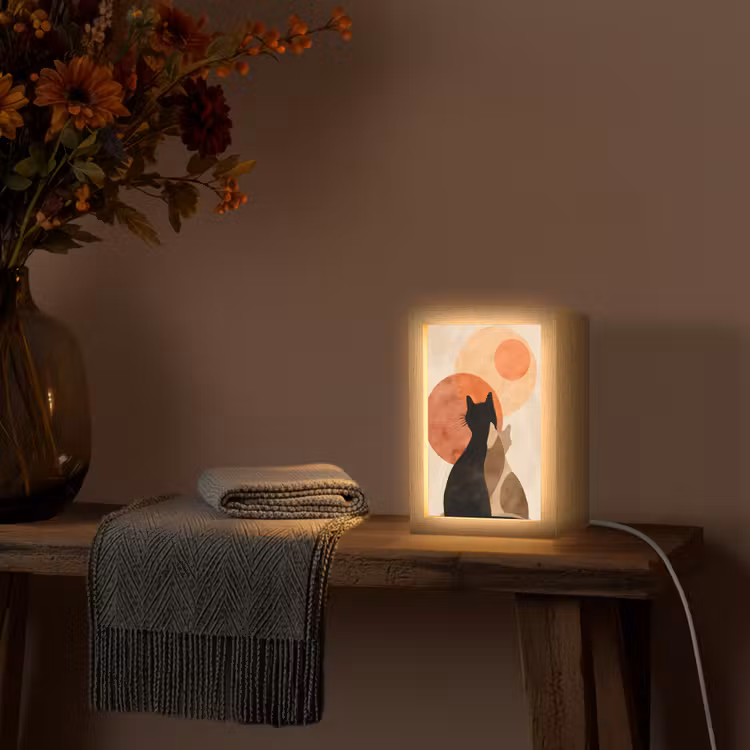 Katten - Zwart - Abstract - Cirkels Light Box met kabel (Tafellamp) klein -sfeer4