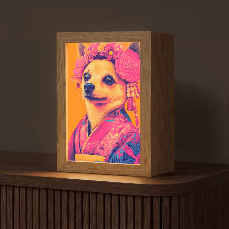 Kimono - Hondje - Bloemenkroon - Oranje Light Box met kabel (Tafellamp) klein -z3d_website