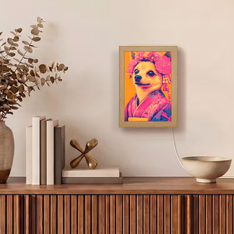 Kimono - Hondje - Bloemenkroon - Oranje Light Box met kabel (Tafellamp) klein -sfeer2
