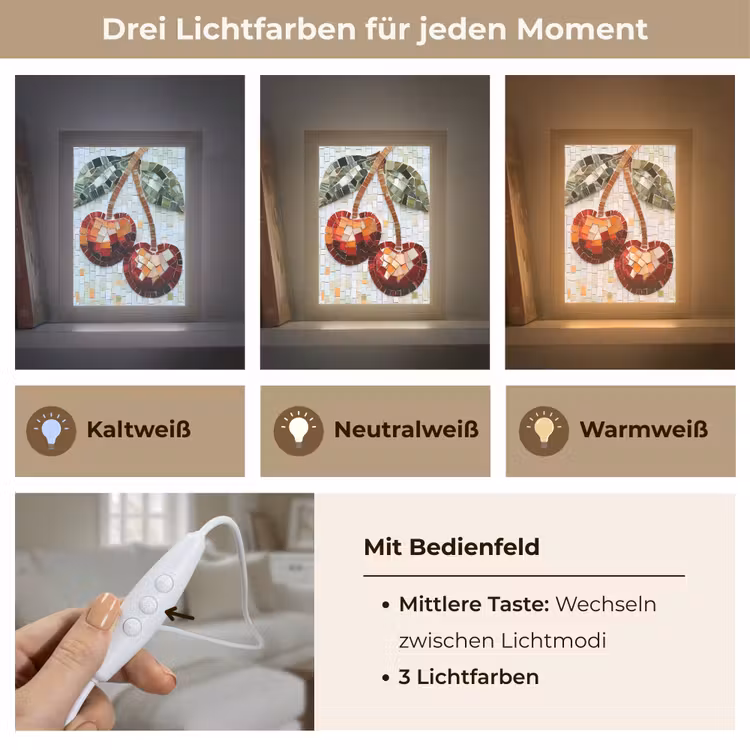 Kersen - Rood - Mozaïek - Blaadjes Light Box met kabel (Tafellamp) klein -USP_lichtkleurDE
