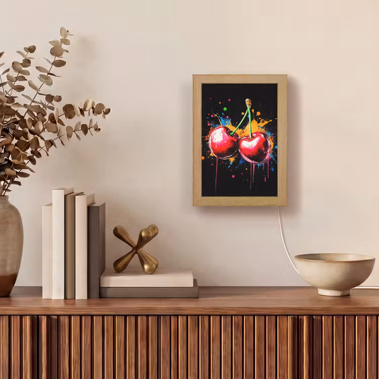 Kersen - Fruit - Graffiti - Verf - Abstract - Modern - Kleurrijk Light Box met kabel (Tafellamp) klein -sfeer2