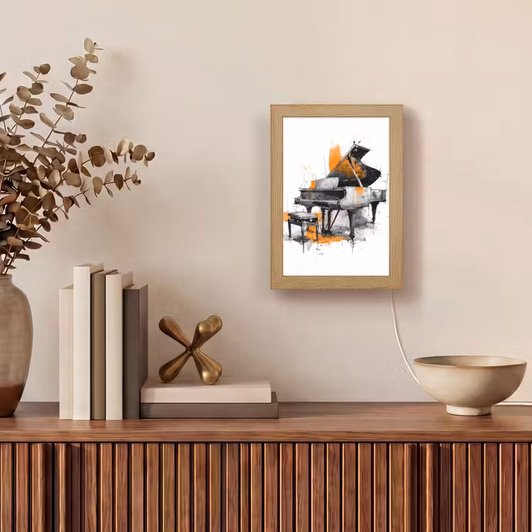 Piano - Oranje - Zwart - schets lijnen Light Box met kabel (Tafellamp) klein -sfeer2