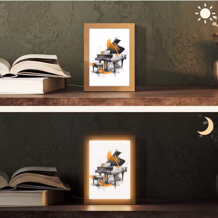 Piano - Oranje - Zwart - schets lijnen Light Box met kabel (Tafellamp) klein -sfeer3
