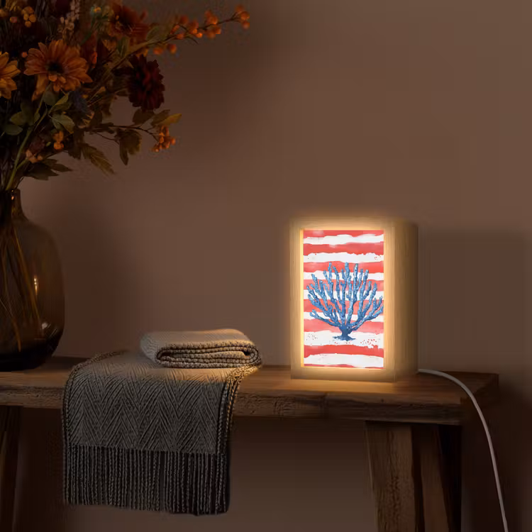 Koraal - Verfstructuur - Rood - Blauw Light Box met kabel (Tafellamp) klein -sfeer4