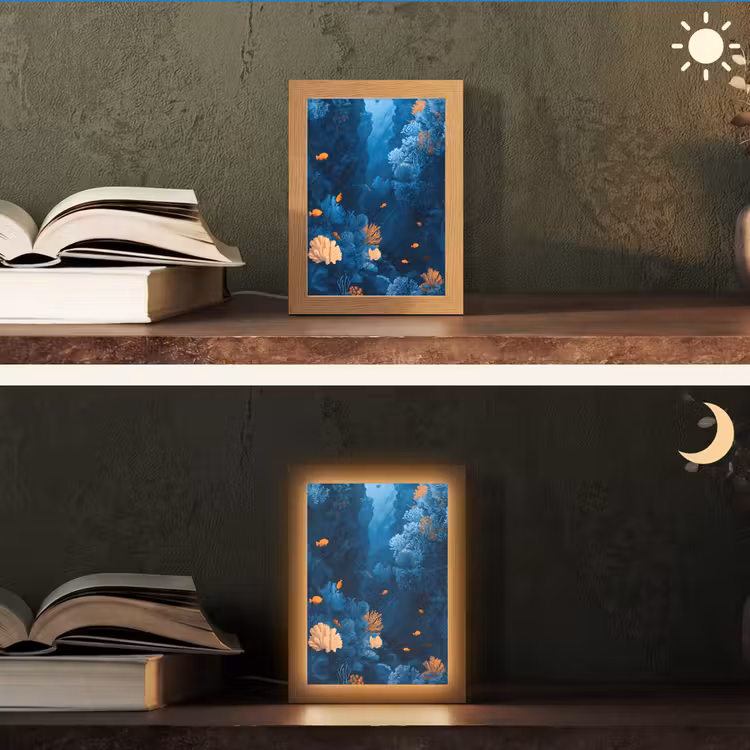 Koraalrif - Vissen - Oceaan - Blauw Light Box met kabel (Tafellamp) klein -sfeer3