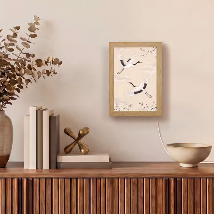 Kraanvogels - Bloesem - Beige Light Box met kabel (Tafellamp) klein -sfeer2