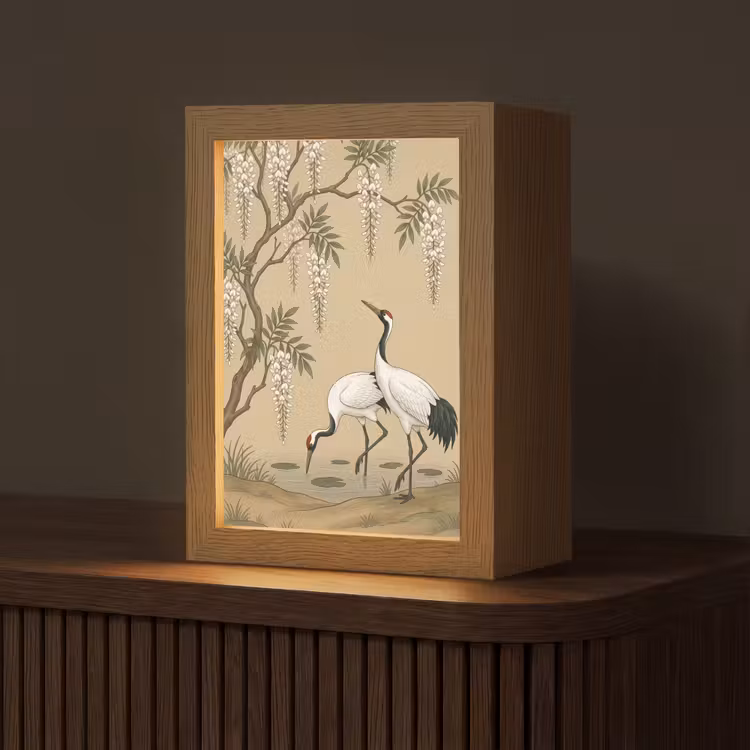 Kraanvogels - Water - Beige Light Box met kabel (Tafellamp) klein -z3d_website