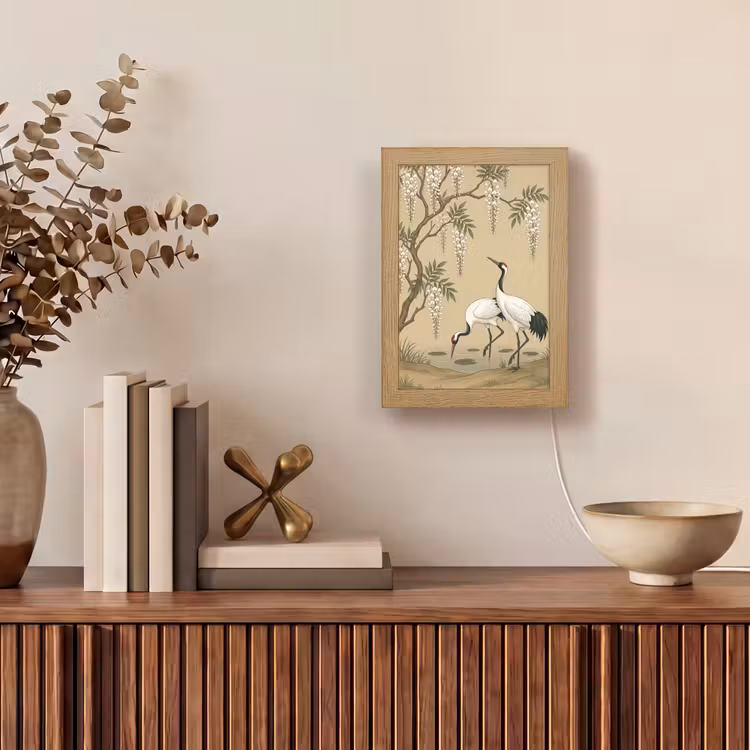 Kraanvogels - Water - Beige Light Box met kabel (Tafellamp) klein -sfeer2