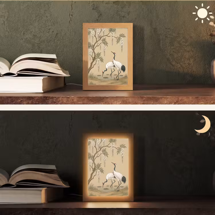 Kraanvogels - Water - Beige Light Box met kabel (Tafellamp) klein -sfeer3