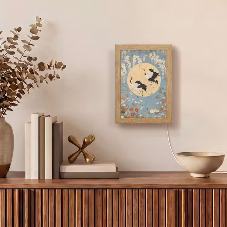 Kraanvogels - Maan - Bloemen - Blauw Light Box met kabel (Tafellamp) klein -sfeer2
