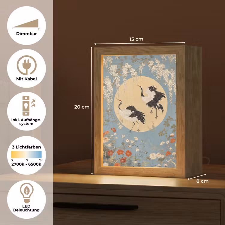 Kraanvogels - Maan - Bloemen - Blauw Light Box met kabel (Tafellamp) klein -USP_DE