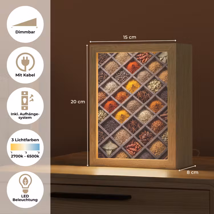 Tischlampe - Kräuter – Holz – Essen - Kruiden - Houten - Eten Light Box met kabel (Tafellamp) klein