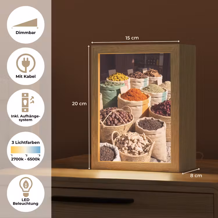 Tischlampe - Kräuter – Markt – Farbenfroh - Kruiden - Markt - Kleurrijk Light Box met kabel (Tafellamp) klein