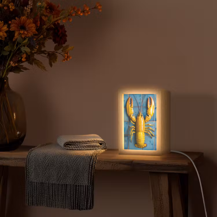 Kreeft - Geel - Blauw - Tegels Light Box met kabel (Tafellamp) klein -sfeer4