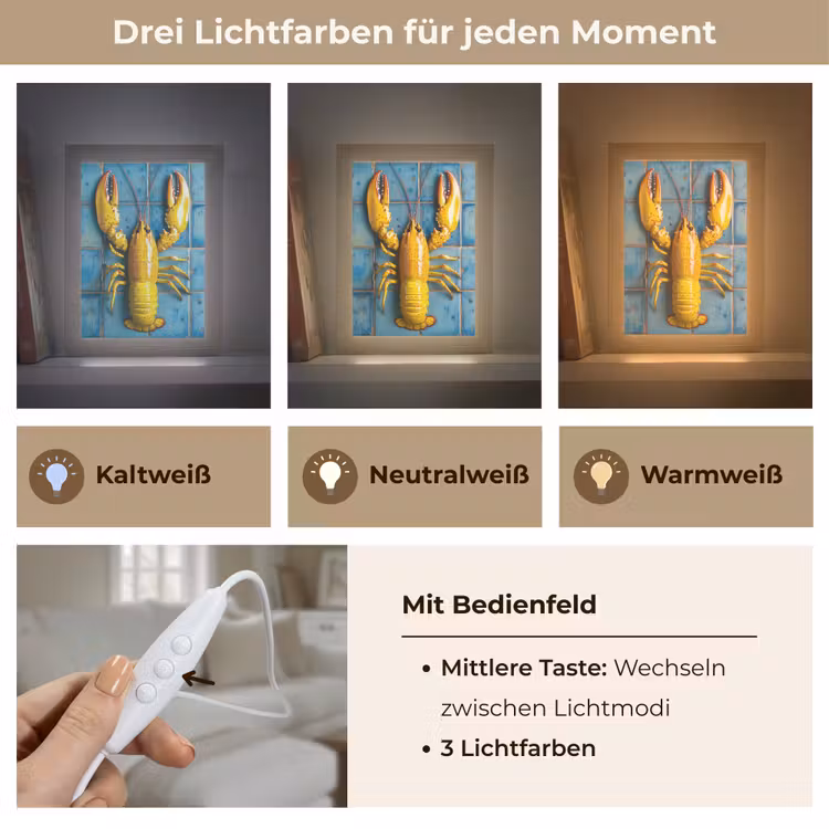 Kreeft - Geel - Blauw - Tegels Light Box met kabel (Tafellamp) klein -USP_lichtkleurDE