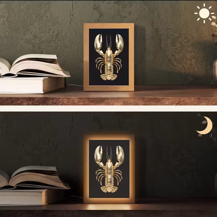 Kreeft - Goud - Textuur - Zwart Light Box met kabel (Tafellamp) klein -sfeer3