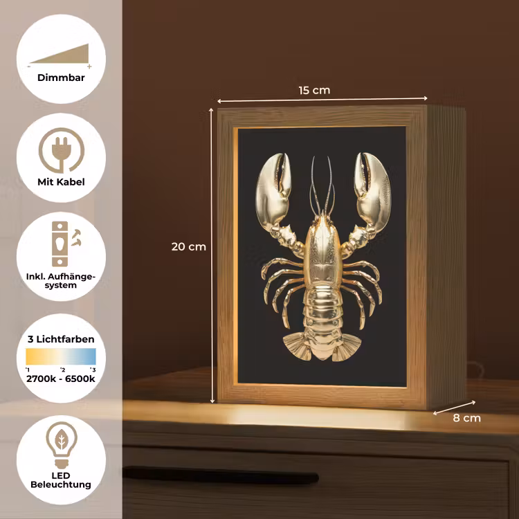 Kreeft - Goud - Textuur - Zwart Light Box met kabel (Tafellamp) klein -USP_DE