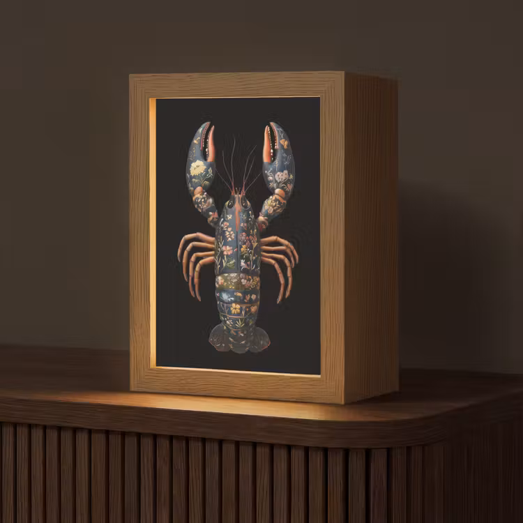 Kreeft - Zwart - Bloemenpatroon - Artistiek Light Box met kabel (Tafellamp) klein -z3d_website