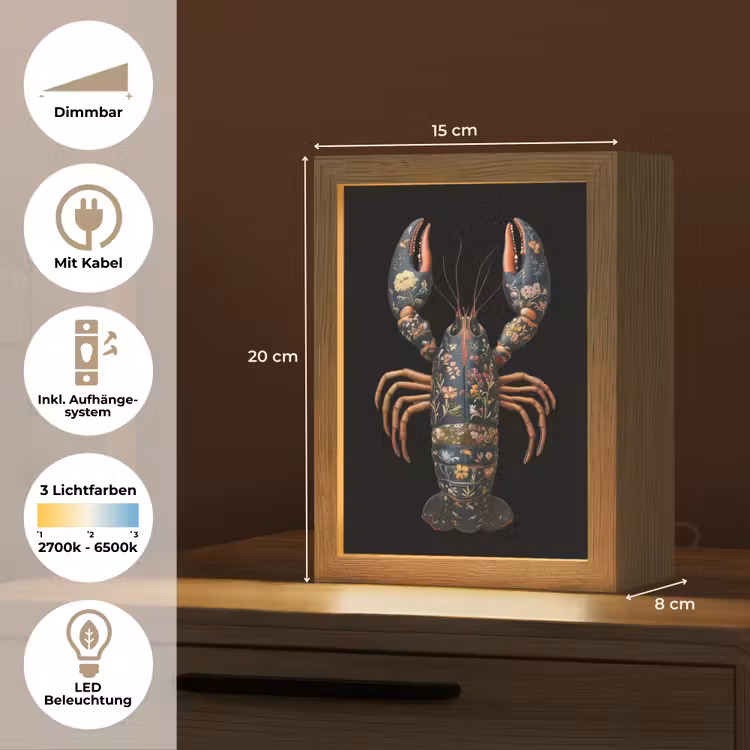 Kreeft - Zwart - Bloemenpatroon - Artistiek Light Box met kabel (Tafellamp) klein -USP_DE