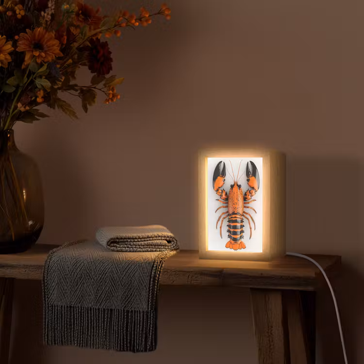 Kreeft - Zwart - Oranje - Wit - Uniek Light Box met kabel (Tafellamp) klein -sfeer4