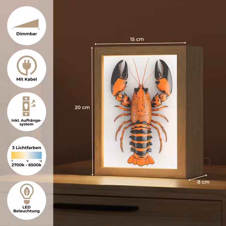 Kreeft - Zwart - Oranje - Wit - Uniek Light Box met kabel (Tafellamp) klein -USP_DE